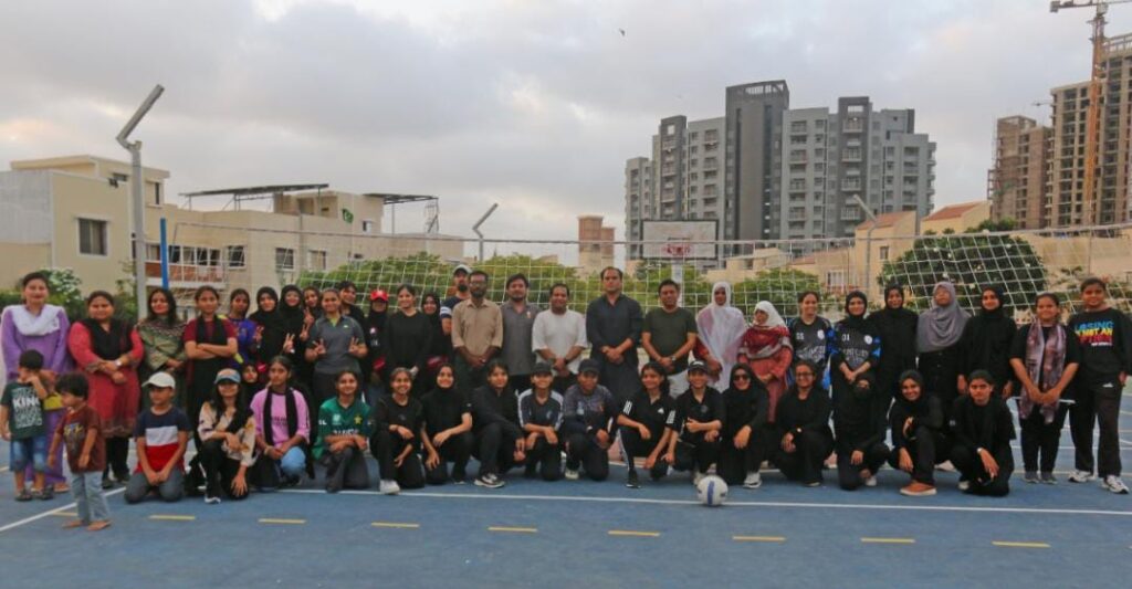 Phoenix Club players celebrate after winning the Naya Nazimabad Independence Day Throwball Championship.