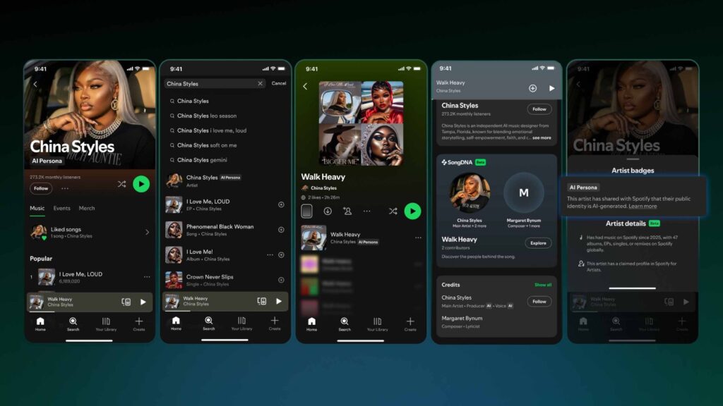 Spotify AI Persona label identifying an AI-generated artist identity on the music platform.