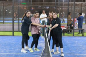 Female participants play in the Marka-e-Haq Padel 2.0 final hosted by Rotary Club of Karachi Quaid