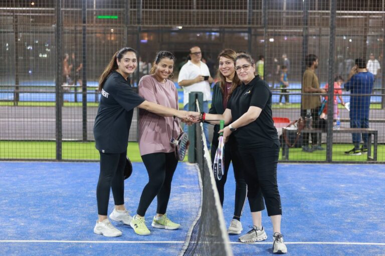 Female participants play in the Marka-e-Haq Padel 2.0 final hosted by Rotary Club of Karachi Quaid