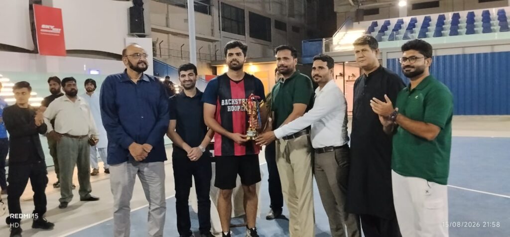Mambaa’s players celebrate winning the Independence Day Basketball Trophy in Karachi