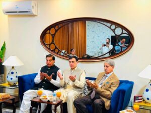 Raja Pervaiz Ashraf and PPP leaders visit Barrister Gohar Khan after his mother’s death.