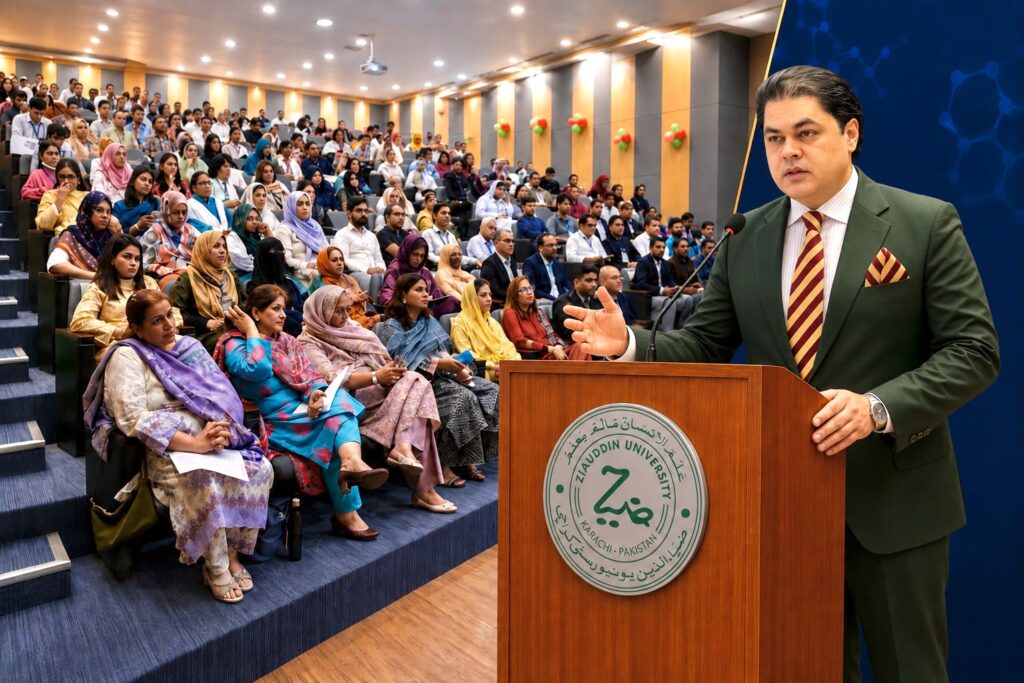 Syed Aamir Sajjad speaking at PHARMACON 2026 at Dr Ziauddin Medical College and University