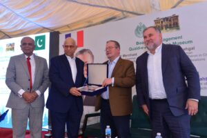 Ikram Sehgal with French Ambassador Nicolas Galey and Consul General Alexis Chahtahtinsky at a Karachi farewell event