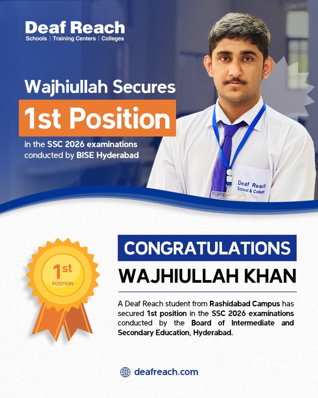 Deaf Reach student Wajhiullah Khan celebrates securing first position in BISE Hyderabad SSC 2026 exams.