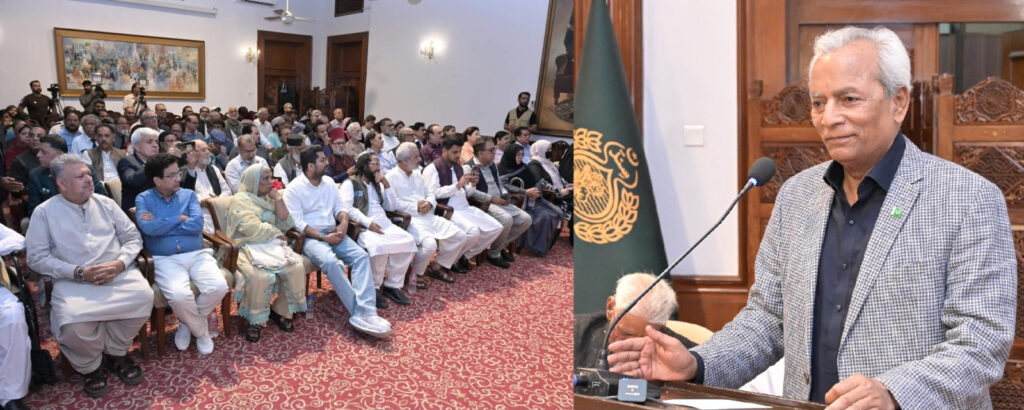 Sindh Governor Nehal Hashmi speaking at the Ghubar-e-Dil poetry collection ceremony in Karachi