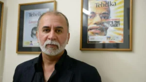 Tarun Tejpal appearing outside court following the High Court verdict