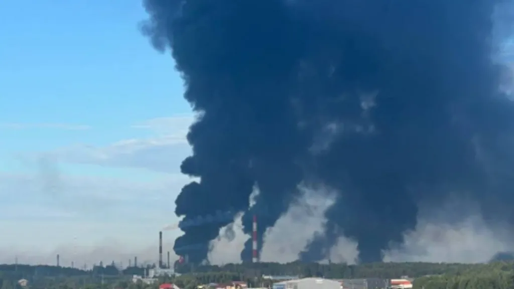 Large fire at a Russian oil refinery following a Ukrainian drone attack during the Ukraine-Russia war.