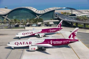 Qatar Airways Airbus A350-900 at Hamad International Airport before its daily flight to Philadelphia.
