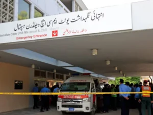 Firefighters and rescue teams responding to the PIMS Hospital nursery fire in Islamabad where 14 newborns died.