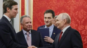 Steve Witkoff and Jared Kushner meeting Vladimir Putin during peace talks in Moscow.
