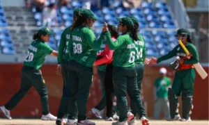 Pakistan women’s cricket team celebrate bronze medal victory over Bangladesh at the Asian Games
