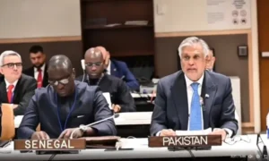 Ishaq Dar speaking at an OIC meeting on Palestine in New York