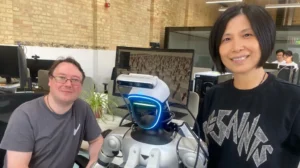 Freddo robot demonstrates walking and bottle-grasping skills at British startup Vsim.