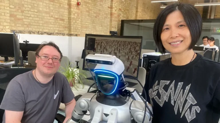 Freddo robot demonstrates walking and bottle-grasping skills at British startup Vsim.