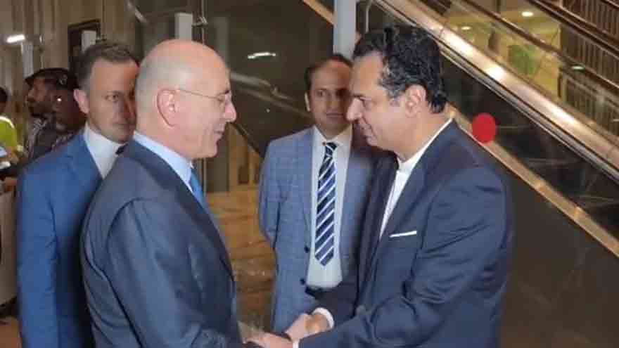 Lebanese Interior Minister Ahmad Al-Hajjar welcomed by Pakistani officials at Islamabad International Airport.