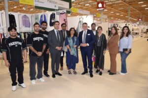Ambassador Mumtaz Zahra Baloch visits Pakistani exhibitors at the Pakistan Pavilion during Texworld Paris in France.
