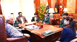 Governor Sindh Nehal Hashmi meets Pakistani youth athletes at Governor House Karachi.