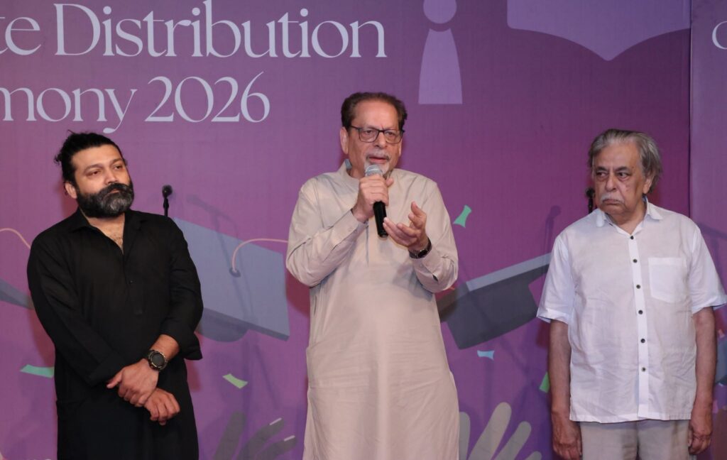 Arts Council Karachi President Muhammad Ahmed Shah with students receiving SOVAPA course certificates.