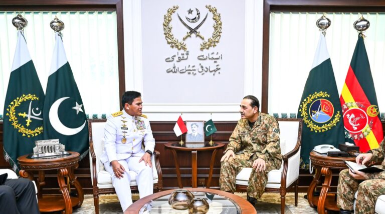 Asim Munir meets Indonesian Navy Chief Admiral Dr Muhammad Ali at GHQ in Rawalpindi.