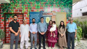 Khurram Jaffrani meeting residents during his visit to Aaghosh Homes in Karachi.