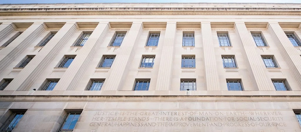 US Justice Department building in Washington, D.C., linked to the National Fraud Detection Center initiative.