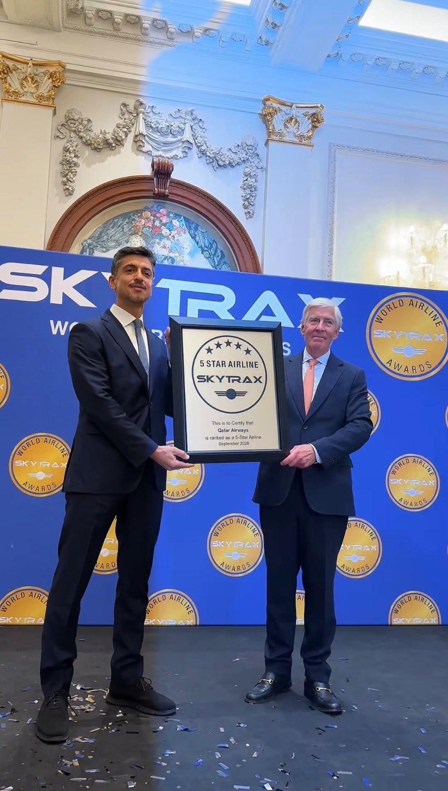 Qatar Airways Group CEO receives the 5-Star Airline rating at the Skytrax World Airline Awards 2026.