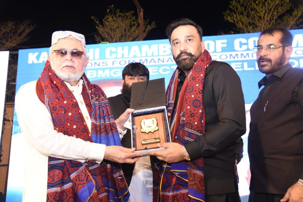 Business leaders and nominated KCCI candidates at a reception for the 2026–28 Karachi Chamber elections.