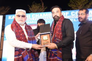 Business leaders and nominated KCCI candidates at a reception for the 2026–28 Karachi Chamber elections.