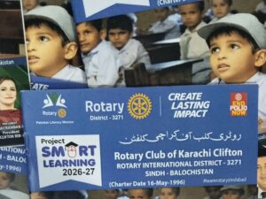 Rotary Club of Karachi Clifton activity book featuring numbers, alphabets, tracing and colouring activities.