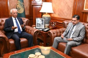 Governor Sindh Syed Muhammad Nehal Hashmi meeting Iraqi Acting Consul General Abul Hakam Adnan Sadiq in Karachi.