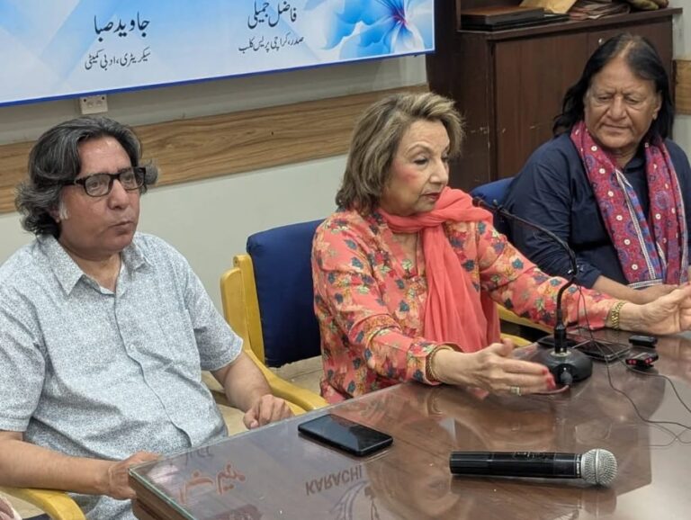 Mehtab Akbar Rashdi speaking at Karachi Press Club during Hum Pe Kya Guzri session