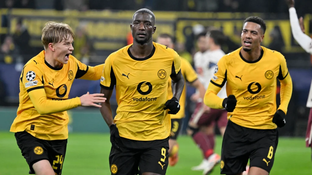 Serhou Guirassy celebrates after scoring for Borussia Dortmund against Villarreal.