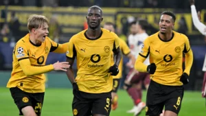 Serhou Guirassy celebrates after scoring for Borussia Dortmund against Villarreal.