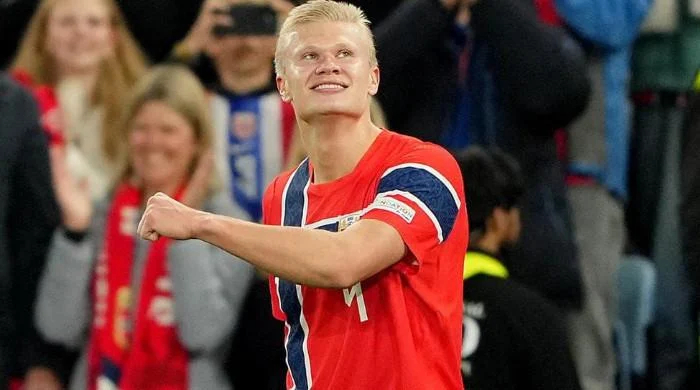 Erling Haaland celebrates during Norway’s UEFA Nations League win over Denmark