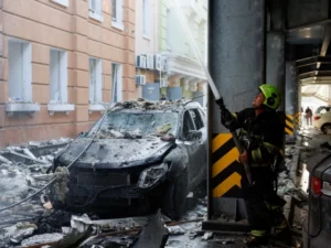 Damage caused by Russian missile and drone strikes in Ukraine.