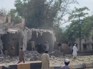 Rescue and security teams at the site of the Kohat Police Lines blast in Khyber-Pakhtunkhwa