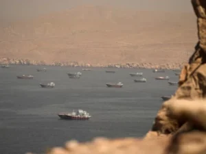 Vessel in the Strait of Hormuz amid rising Middle East shipping and energy security tensions.