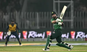 Sahibzada Farhan batting for Pakistan against Sri Lanka in the opening T20I match in Rawalpindi.