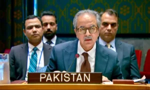 Pakistan UN envoy Asim Iftikhar Ahmad speaking at the UN Security Council briefing on Yemen