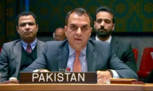Pakistan’s Acting Permanent Representative Usman Jadoon speaks at the UN Security Council on Syria’s sovereignty and Israeli military actions.