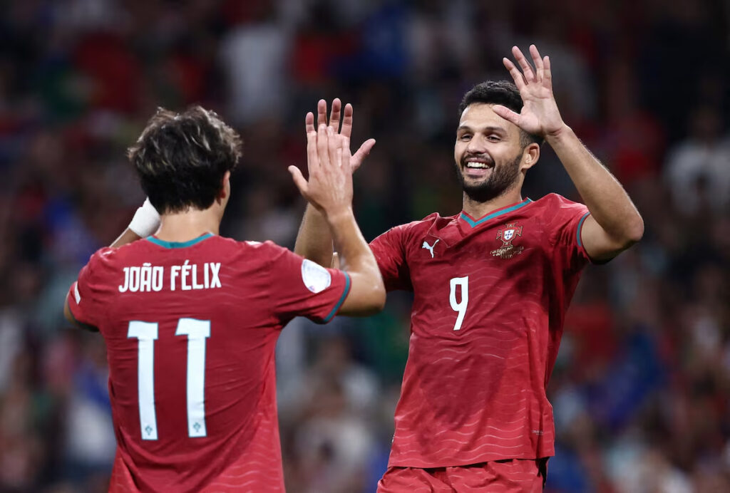 Gonçalo Ramos celebrates after scoring for Portugal against Norway
