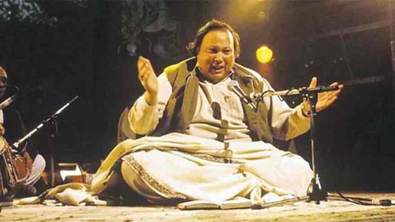 Portrait of Pakistani Qawwali legend Nusrat Fateh Ali Khan on his 78th birth anniversary.