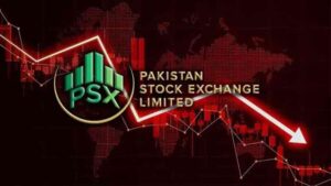PSX Market update showing the KSE-100 Index under pressure ahead of the State Bank of Pakistan interest rate announcement.