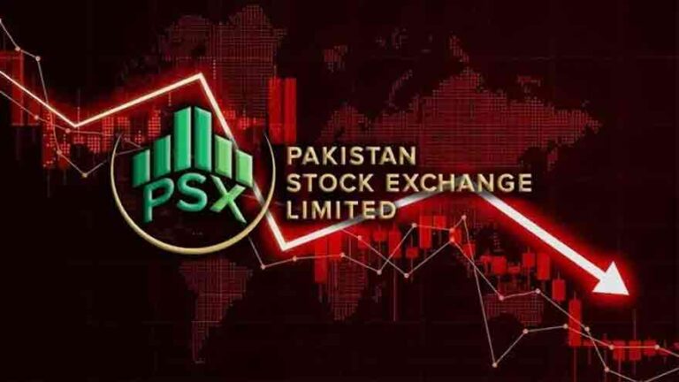 PSX Market update showing the KSE-100 Index under pressure ahead of the State Bank of Pakistan interest rate announcement.