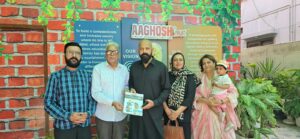 Kashif Shah and Sarwat Nasim Shah with elderly residents at Aaghosh Home Karachi