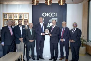 Finance Minister Muhammad Aurangzeb addresses OICCI members in Karachi