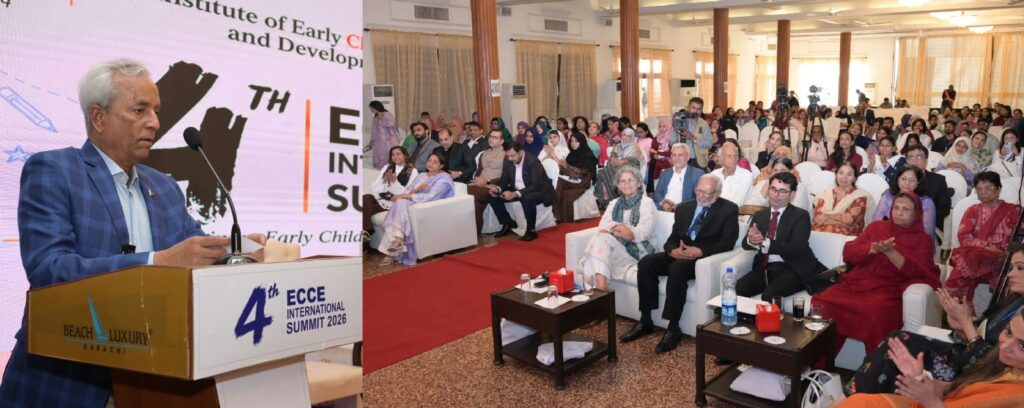 Sindh Governor Nehal Hashmi addressing the ECCE International Summit 2026 in Karachi