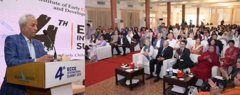 Sindh Governor Nehal Hashmi addressing the ECCE International Summit 2026 in Karachi