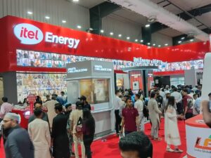 itel Energy Gen-2 residential batteries and hybrid inverters displayed at Solar Pakistan Expo 2026.
